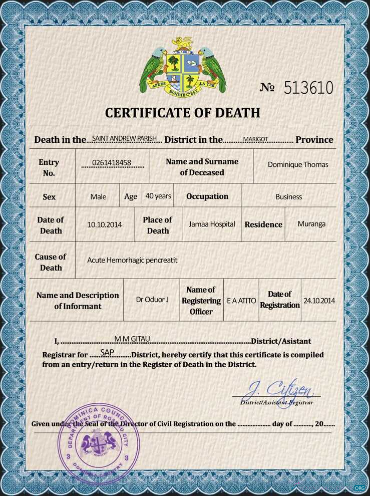 Download Dominica vital record death certificate PSD template Photoshop template